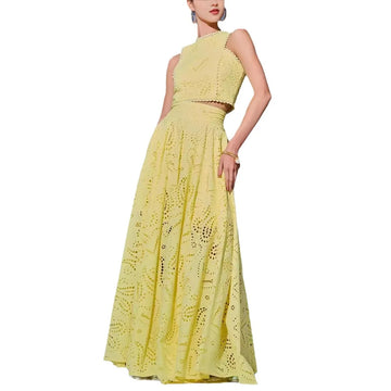 MQTIME  -  Women 2Pcs Outfits Set Sleeveless Lace Trim O Neck Eyelet Hollow Out Crop Tank Top+High Waist A-line Long Flowy Skirt